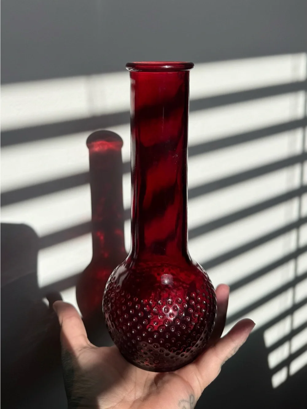 Vintage ruby red hobnail vase 9”